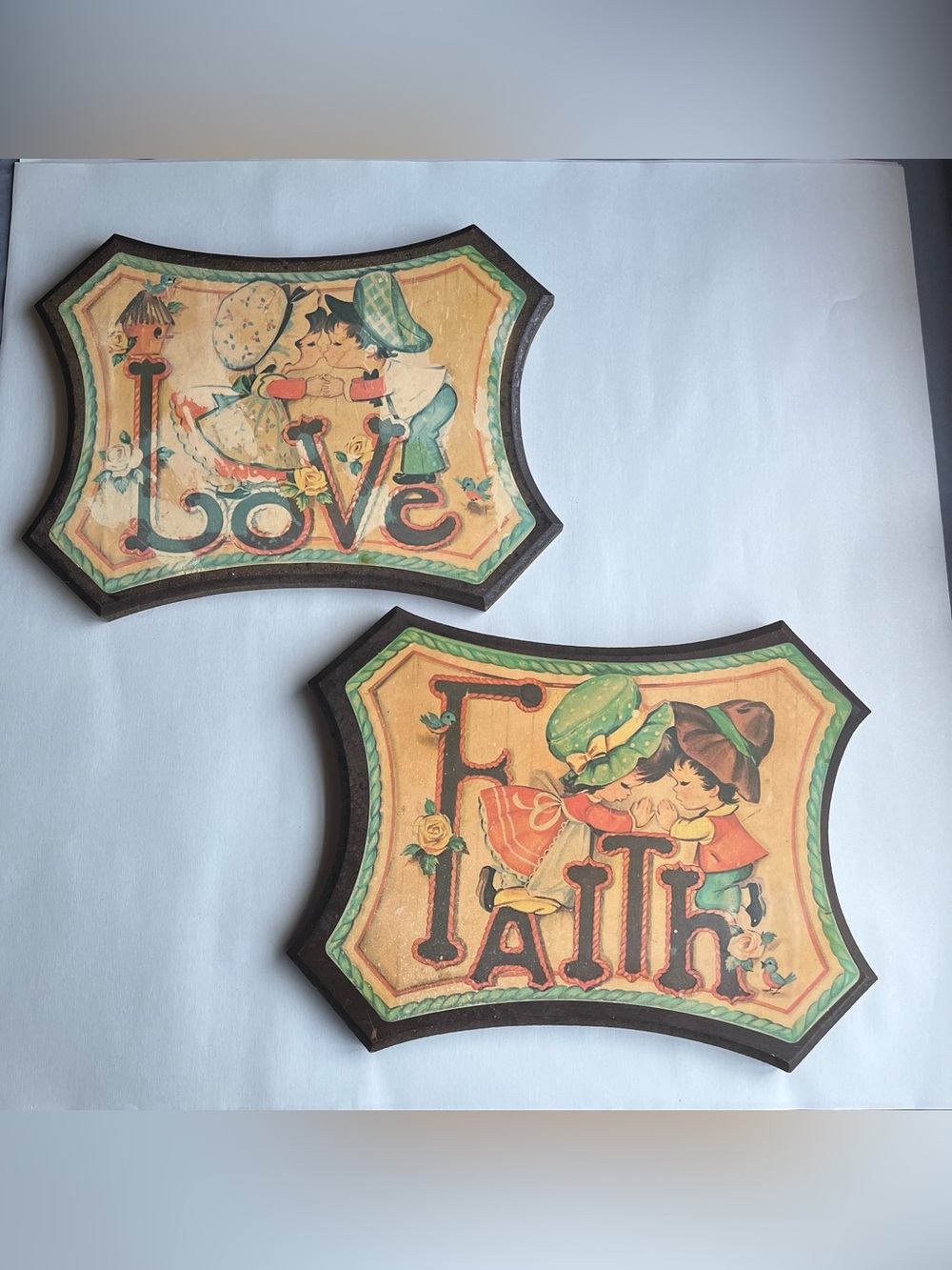 Vintage 70's Wooden Faith Love Wall Plaques - Set of 2; 13.25x10.5”